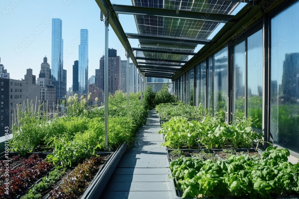 A lush urban rooftop farm, where individuals are harvesting fresh vegetables and herbs in a sustainable city environment. Solar panels power the farm's irrigation system, ensuring efficiency. A lush urban rooftop farm, where individuals are harvesting fresh vegetables and herbs in a sustainable city environment. Solar panels power the farm's irrigation system, ensuring efficiency.