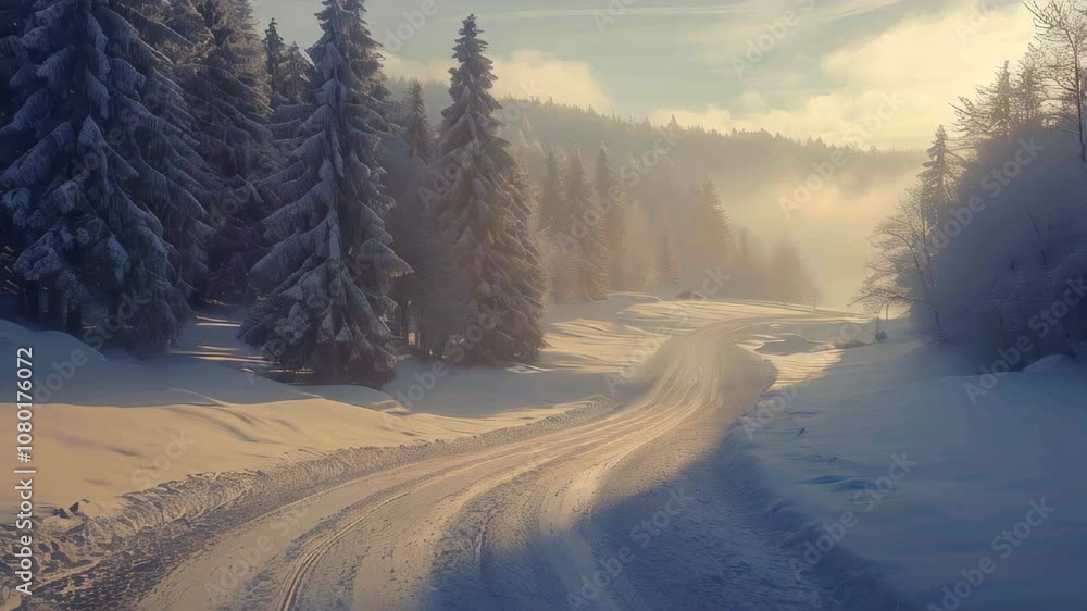 In a winter landscape in Germany, a road covered in snow and trees covered in snow.
In a winter landscape in Germany, a road covered in snow and trees covered in snow.