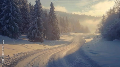 In a winter landscape in Germany, a road covered in snow and trees covered in snow.
