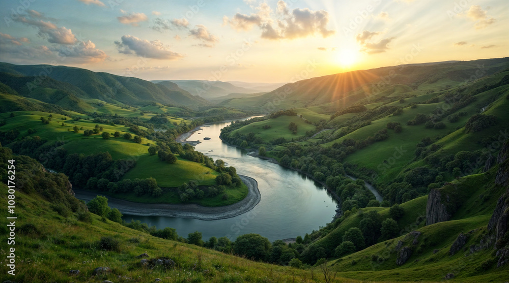 Fototapeta premium Scenic Landscape of a Serene River Valley with Lush Green Hills and Sunlit Sky at Sunset