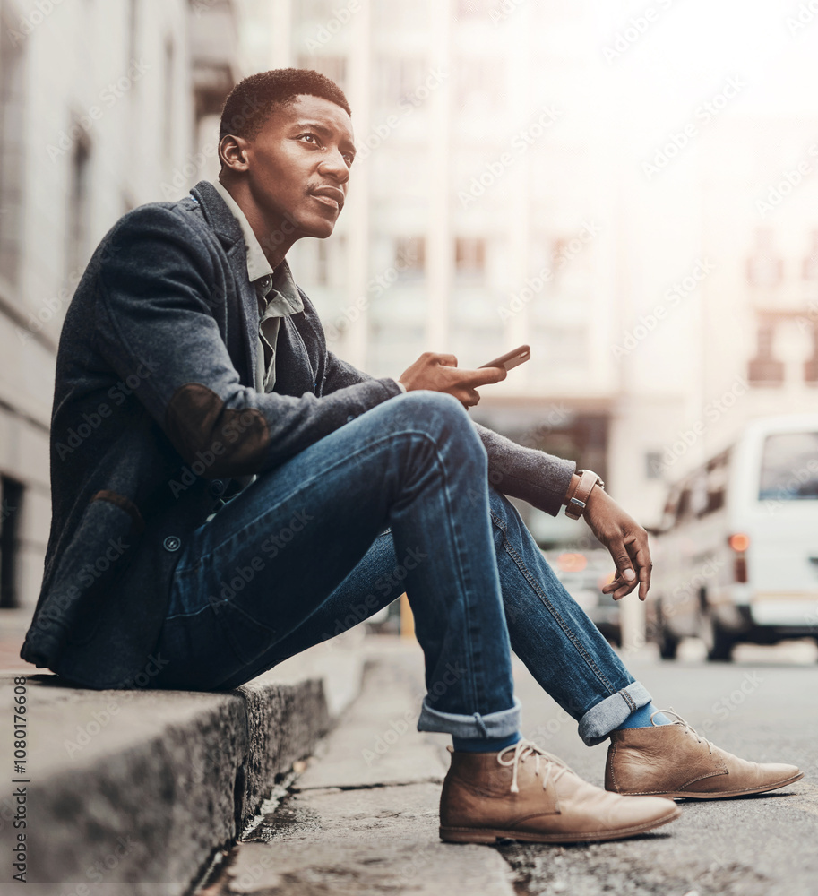 Thinking, phone and black man in city on street for navigation, digital map and direction on website. Travel, urban town and person on smartphone for social media, networking and online communication Thinking, phone and black man in city on street for navigation, digital map and direction on website. Travel, urban town and person on smartphone for social media, networking and online communication