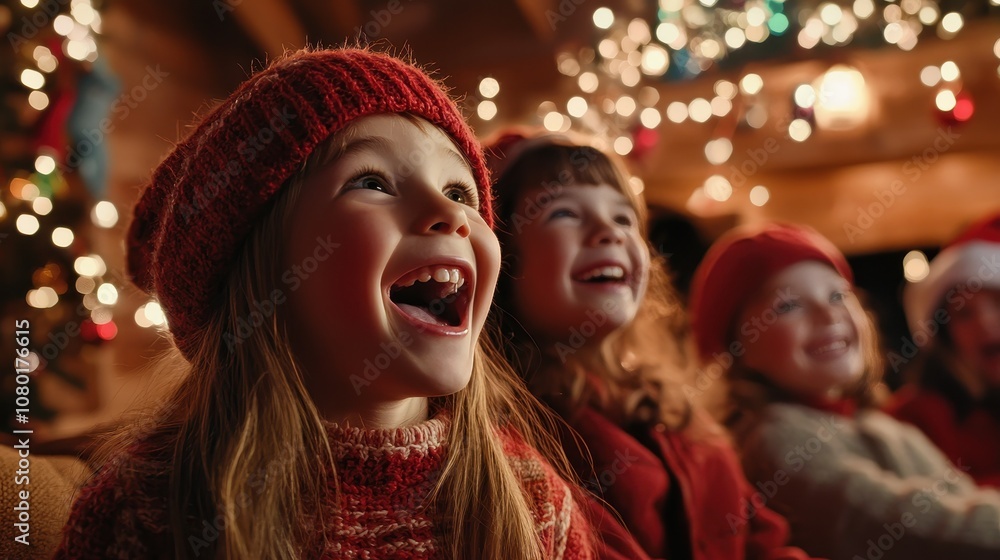 Joyful Children in Winter Hats Laughing and Pointing at the Television While Enjoying a Cozy Holiday Movie Night with Twinkling Lights Joyful Children in Winter Hats Laughing and Pointing at the Television While Enjoying a Cozy Holiday Movie Night with Twinkling Lights