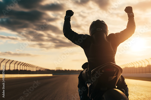 A motorcycle racer crossing the finish line, celebrating victory with a triumphant fist in the air. A MotoGP rider winning the race.


 photo