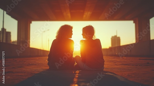 Two Silhouettes Under a Bridge at Sunset