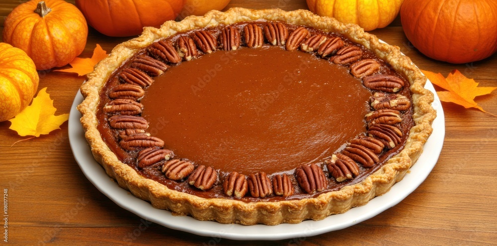 A delicious pumpkin pie topped with pecans, perfect for autumn gatherings. A delicious pumpkin pie topped with pecans, perfect for autumn gatherings.