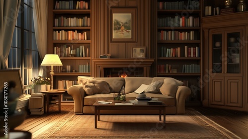 Cozy living room with a warm fireplace and bookshelves, illuminated by soft lamp light during a quiet evening at home. Generative AI photo