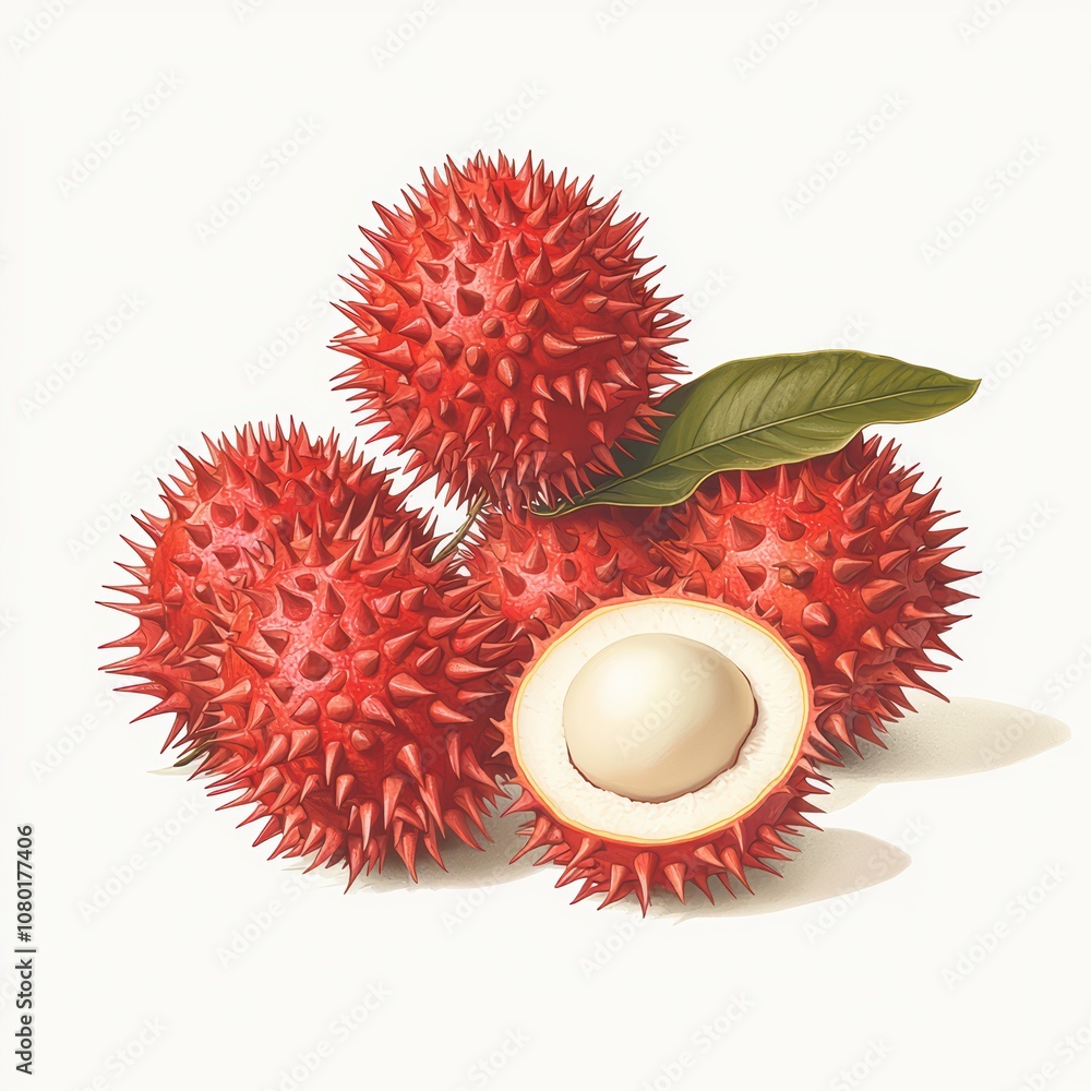 Fresh, spiky rambutan fruit with green leaves, showcasing tropical appeal. Fresh, spiky rambutan fruit with green leaves, showcasing tropical appeal.