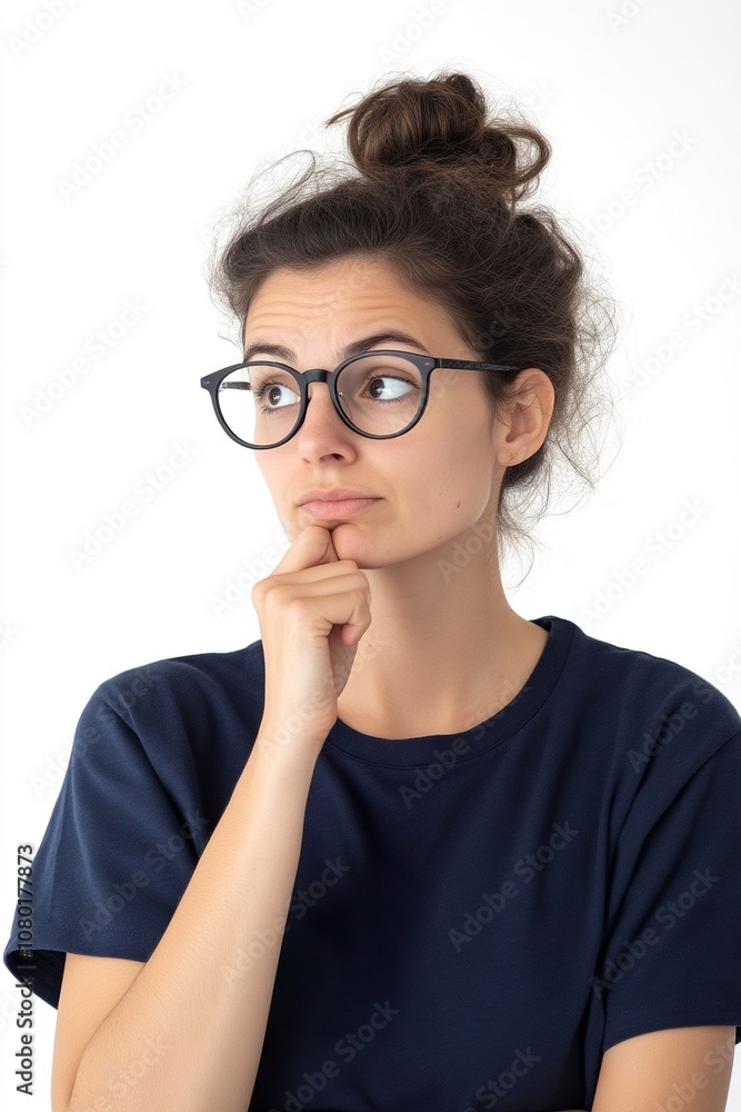 close-up of an adult woman, with a worried expression, wearing glasses and blue t-shirt. close-up of an adult woman, with a worried expression, wearing glasses and blue t-shirt.