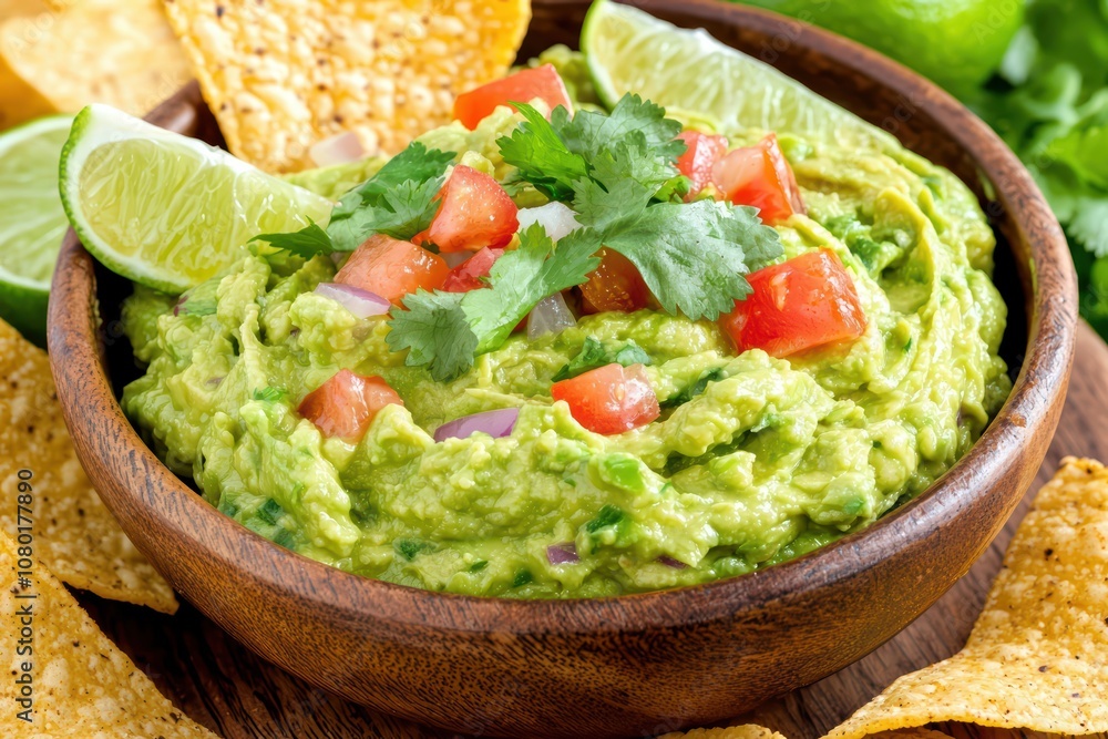 Freshly made guacamole served with chips and garnished beautifully. Freshly made guacamole served with chips and garnished beautifully.