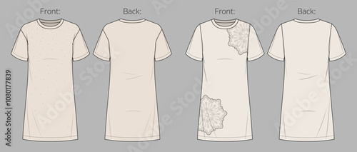 Vector fashion CAD mini t-shirt dress, women short sleeved boxy shape dress with pearls sketch,  women crew neck top technical drawing, sketch, flat. Jersey dress with front, back view, cream color