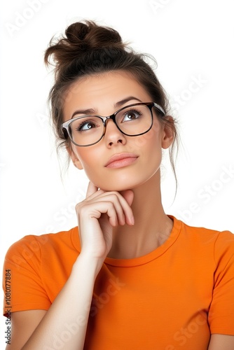 beautiful girl thinking looking up, orange t-shirt, hair pulled back and glasses.