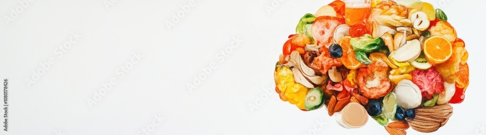 A brain-shaped arrangement of colorful fruits and vegetables symbolizes healthy eating and nutrition. A brain-shaped arrangement of colorful fruits and vegetables symbolizes healthy eating and nutrition.