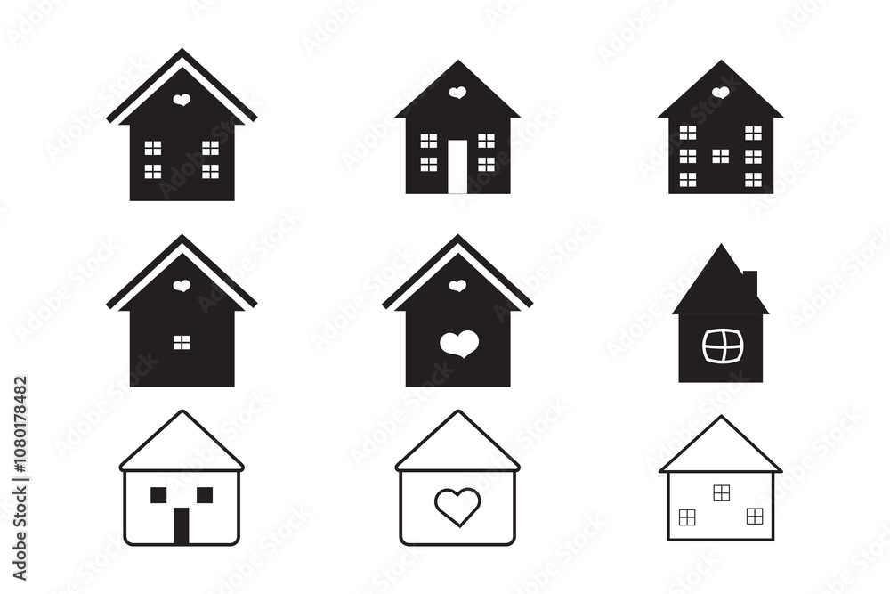 Big set of house icons, collection home sign, flat style houses in outline and line design, real estate - stock vector Big set of house icons, collection home sign, flat style houses in outline and line design, real estate - stock vector