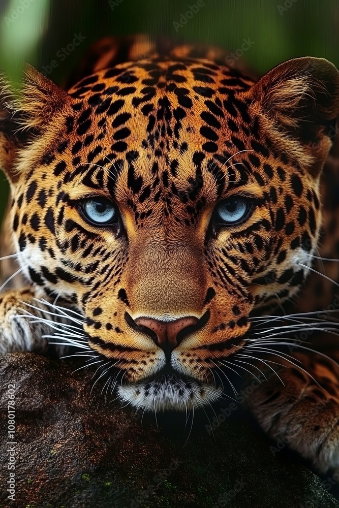 Obraz premium Intense Gaze of a Leopard Majestic Wild Cat Rests in a Lush, Vibrant Forest Habitat.