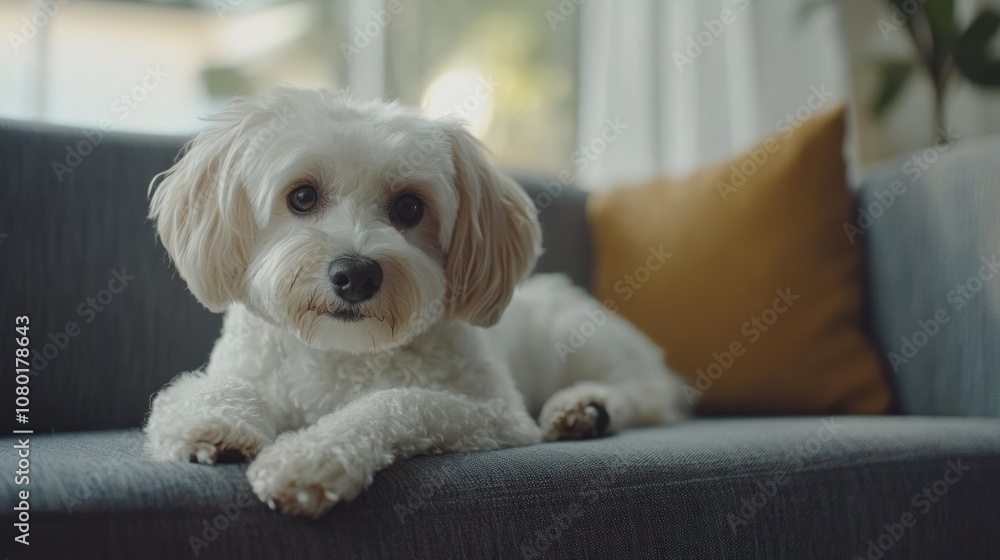 A fluffy white dog lounging on a cozy couch with a decorative pillow. A fluffy white dog lounging on a cozy couch with a decorative pillow.