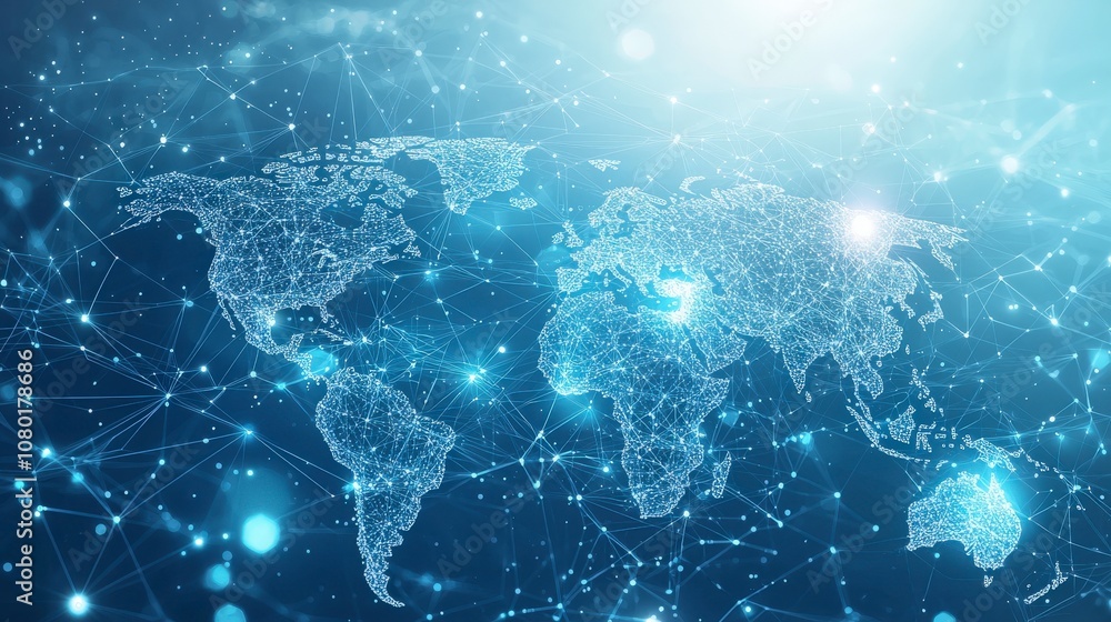 A digital map visualizing interconnected global networks enhanced by luminous points and lines, symbolizing advanced communication and globalization. A digital map visualizing interconnected global networks enhanced by luminous points and lines, symbolizing advanced communication and globalization.