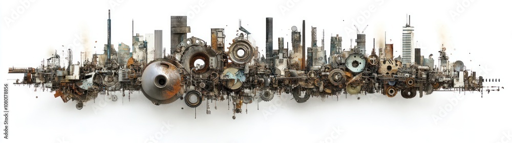 A panoramic view of a steampunk-inspired industrial landscape with gears and machinery. A panoramic view of a steampunk-inspired industrial landscape with gears and machinery.