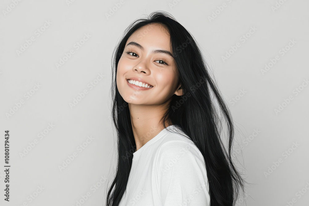 young woman with long black hair smiles brightly against neutral background, exuding confidence and joy. Her expression reflects happiness and warmth young woman with long black hair smiles brightly against neutral background, exuding confidence and joy. Her expression reflects happiness and warmth