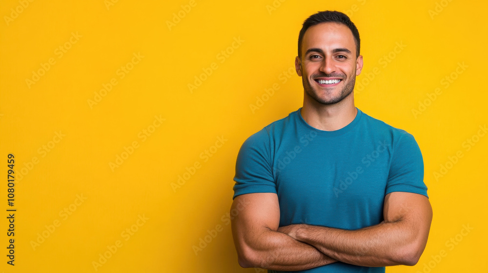 smiling man with crossed arms stands against bright yellow background, exuding confidence and positivity. His casual blue shirt complements vibrant setting smiling man with crossed arms stands against bright yellow background, exuding confidence and positivity. His casual blue shirt complements vibrant setting