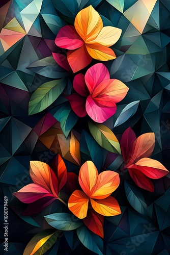 Wallpaper Mural Vibrant floral composition showcases colorful blossoms intertwined with lush green leaves in a geometric art style evoking a sense of natural beauty and elegance Torontodigital.ca