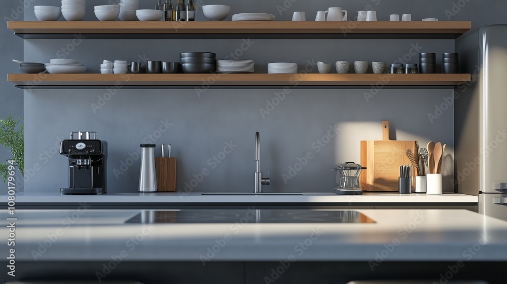 Modern kitchen interior with open shelving and minimalist design in a bright, sunlit space perfect for meal preparation. Generative AI Modern kitchen interior with open shelving and minimalist design in a bright, sunlit space perfect for meal preparation. Generative AI