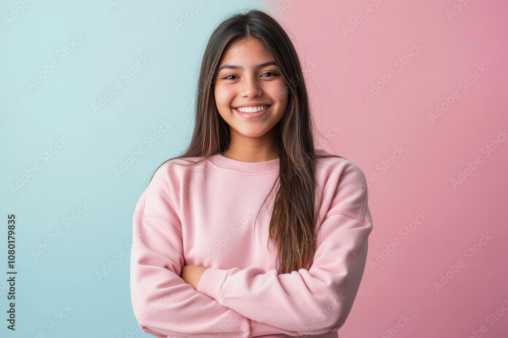 young woman smiling confidently with arms crossed, wearing pink sweatshirt against pastel background. Her joyful expression radiates positivity and warmth young woman smiling confidently with arms crossed, wearing pink sweatshirt against pastel background. Her joyful expression radiates positivity and warmth