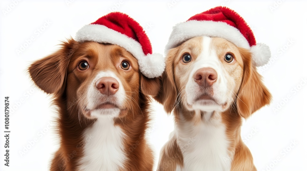 Two dogs wearing Santa hats look up with anticipation Two dogs wearing Santa hats look up with anticipation