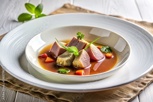 Elegant Culinary Presentation: A Delicate Dish of Glassy Meat Slices in a Flavorful Soup on a White Plate, Showcasing Gourmet Cuisine Artistry and Sophistication