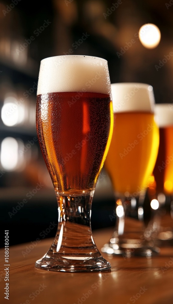 Three Glasses of Golden Craft Beer With Fluffy White Foam on a Bar Counter, Blurry Pub Background Three Glasses of Golden Craft Beer With Fluffy White Foam on a Bar Counter, Blurry Pub Background