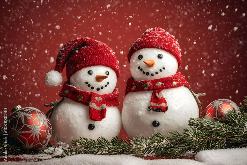 Two snowmen and christmas decorations on red background wallpaper with fake snow