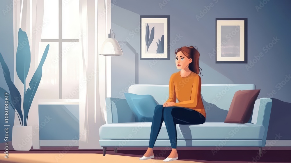 A woman sits pensively on a couch in a sunlit living room, surrounded by soft colors and minimalist decor. A woman sits pensively on a couch in a sunlit living room, surrounded by soft colors and minimalist decor.