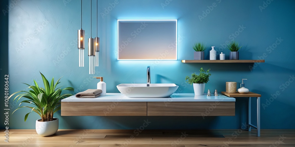 Fototapeta premium Elegant Modern Sanitary Tap and Sink in a Light Blue Bathroom Interior Design Showcasing Contemporary Style and Functionality for a Refreshing Ambience