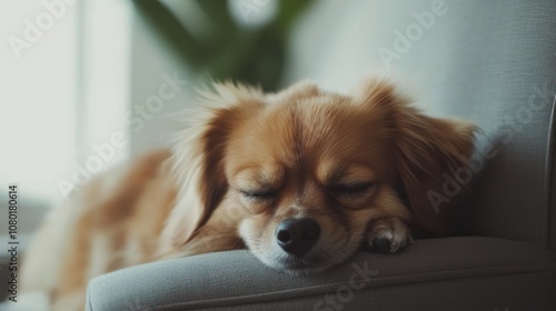 A sleeping dog rests peacefully on a couch, exuding tranquility and comfort. photo