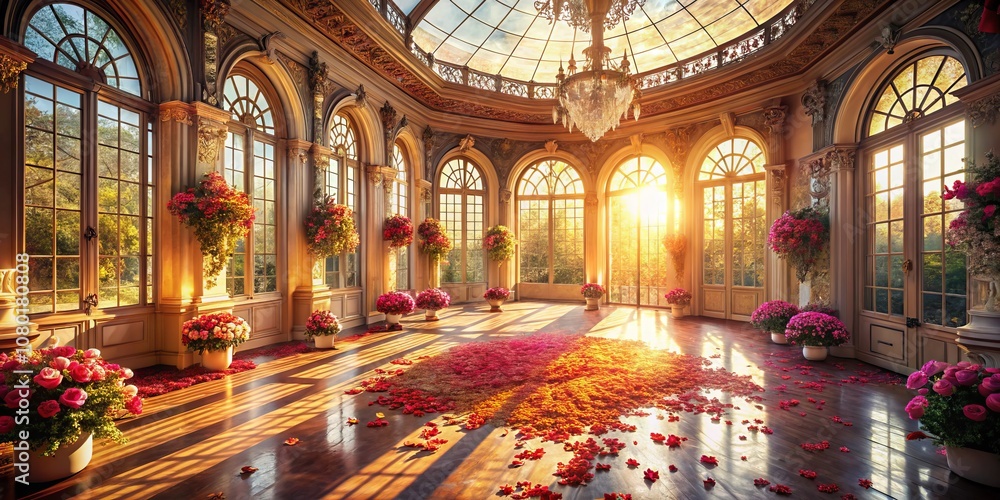 Obraz premium Elegant Palace Ballroom Sun Room Bathed in Light with Flower Petals Scattered on Polished Floor, Captured by Drone Photography for Stunning Visual Appeal