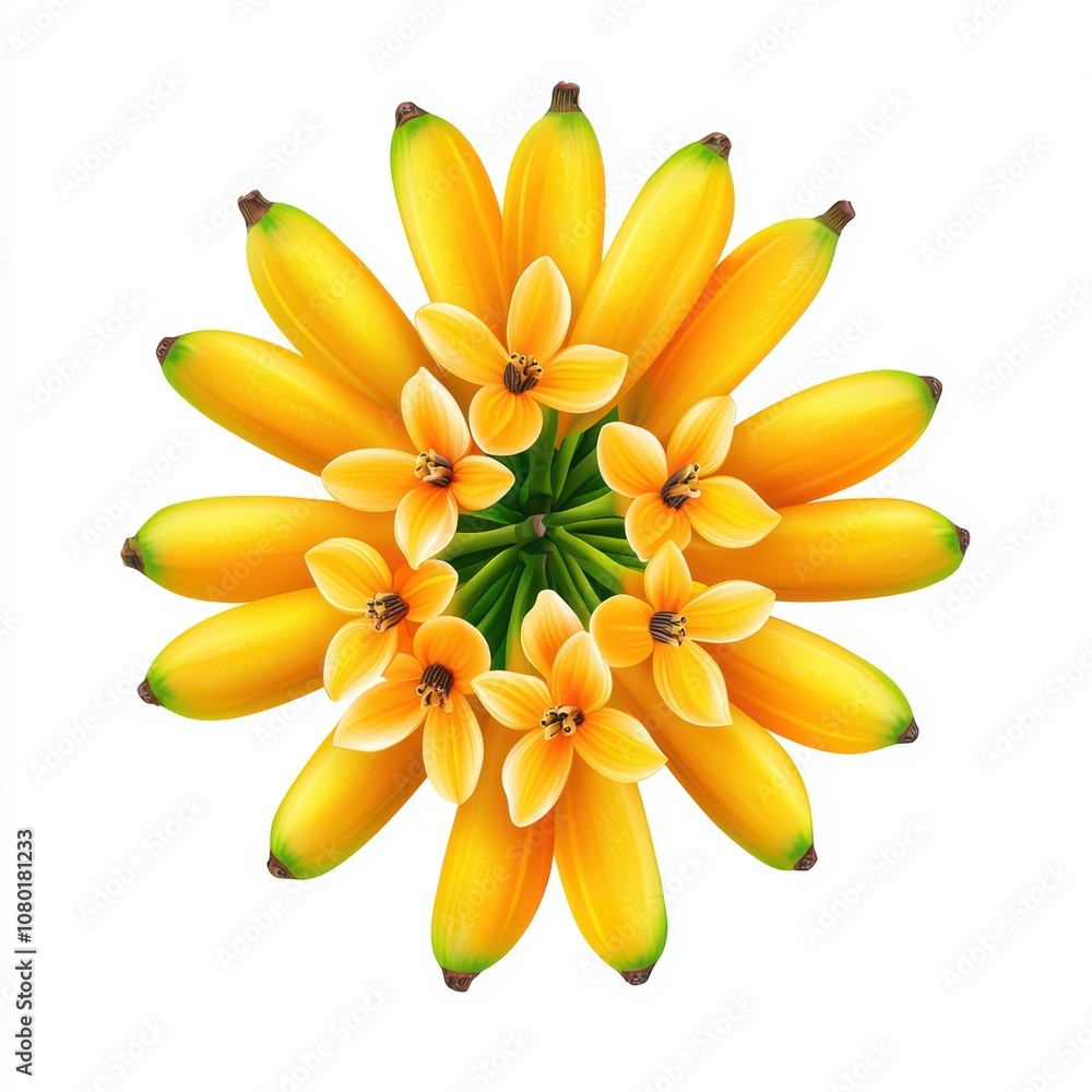 Vibrant yellow bananas surrounded by delicate white flowers. Vibrant yellow bananas surrounded by delicate white flowers.