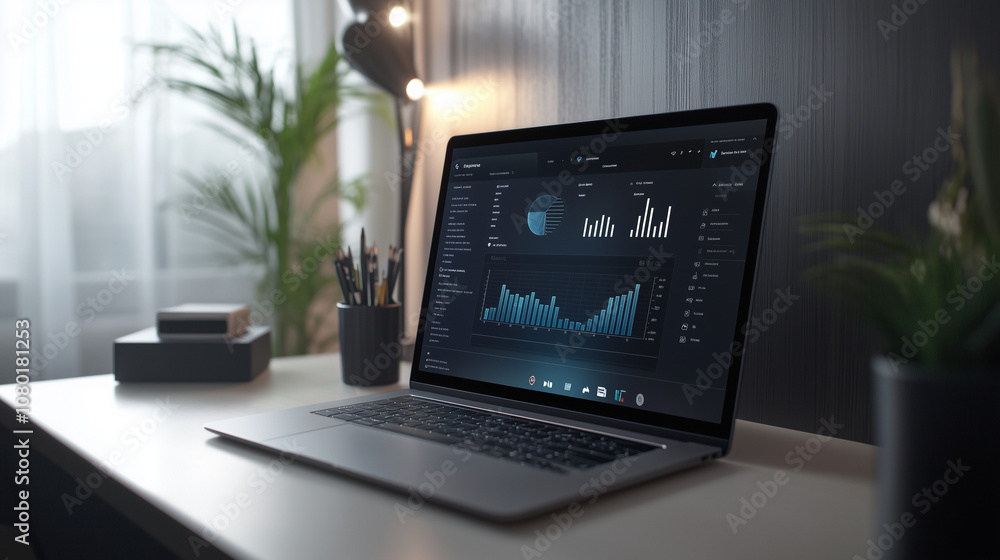 Minimalist desk setup with a laptop displaying analytics in a modern home office Minimalist desk setup with a laptop displaying analytics in a modern home office