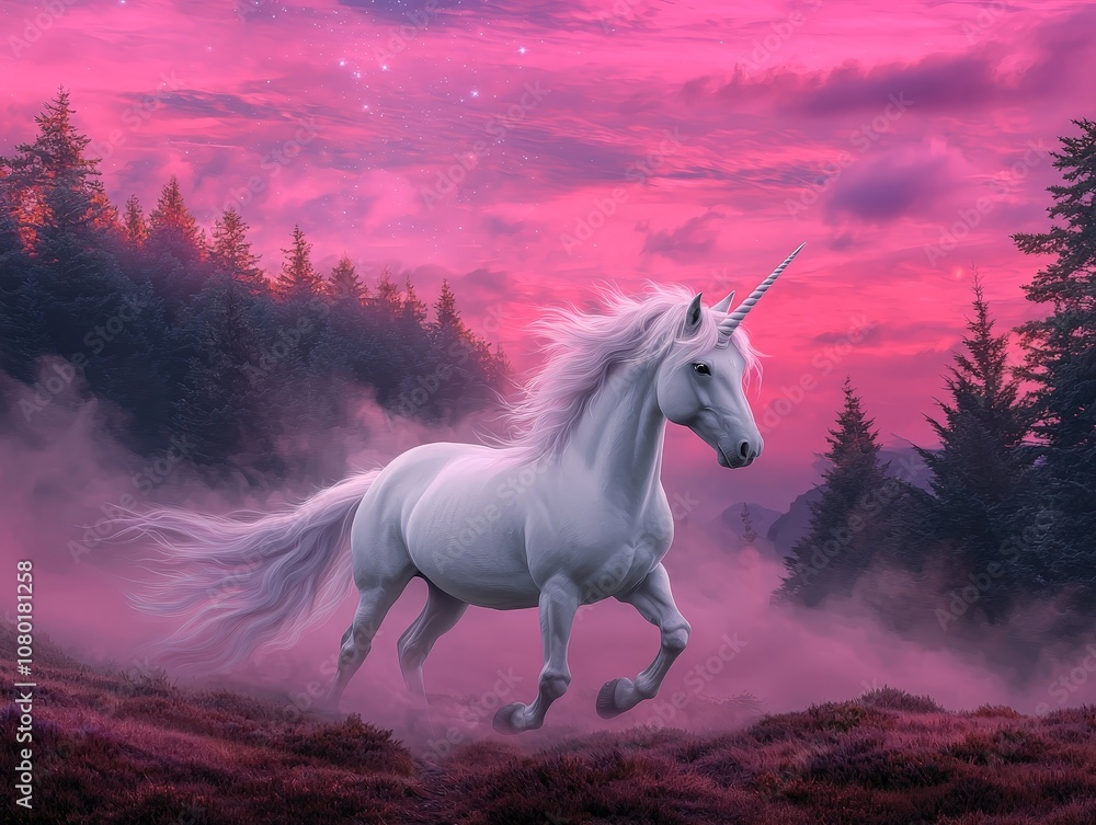 Majestic unicorn with opalescent mane and spiraling horns gracefully galloping through a misty forest under a dreamy pink sky at twilight Majestic unicorn with opalescent mane and spiraling horns gracefully galloping through a misty forest under a dreamy pink sky at twilight