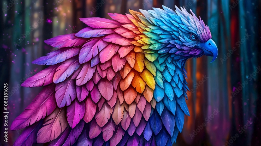 Obraz premium A Majestic Winged Creature with Shimmering Scales and Vibrant Feathers, Captured in a Mystical Forest Setting, Radiating Colors and Enchantment