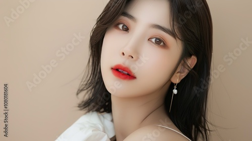 Elegant Asian Beauty with Luxury Makeup, Radiant Charm in Beige Ambiance