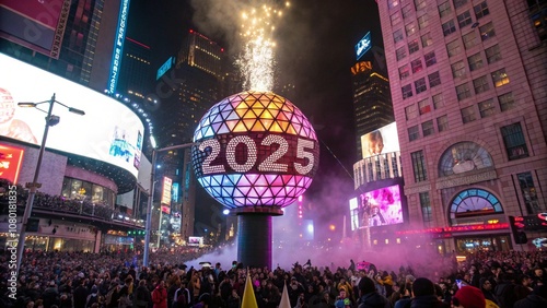 A shimmering New Year’s ball drop in Times Square, with a giant '2025' sign lighting up as it touches the ground
