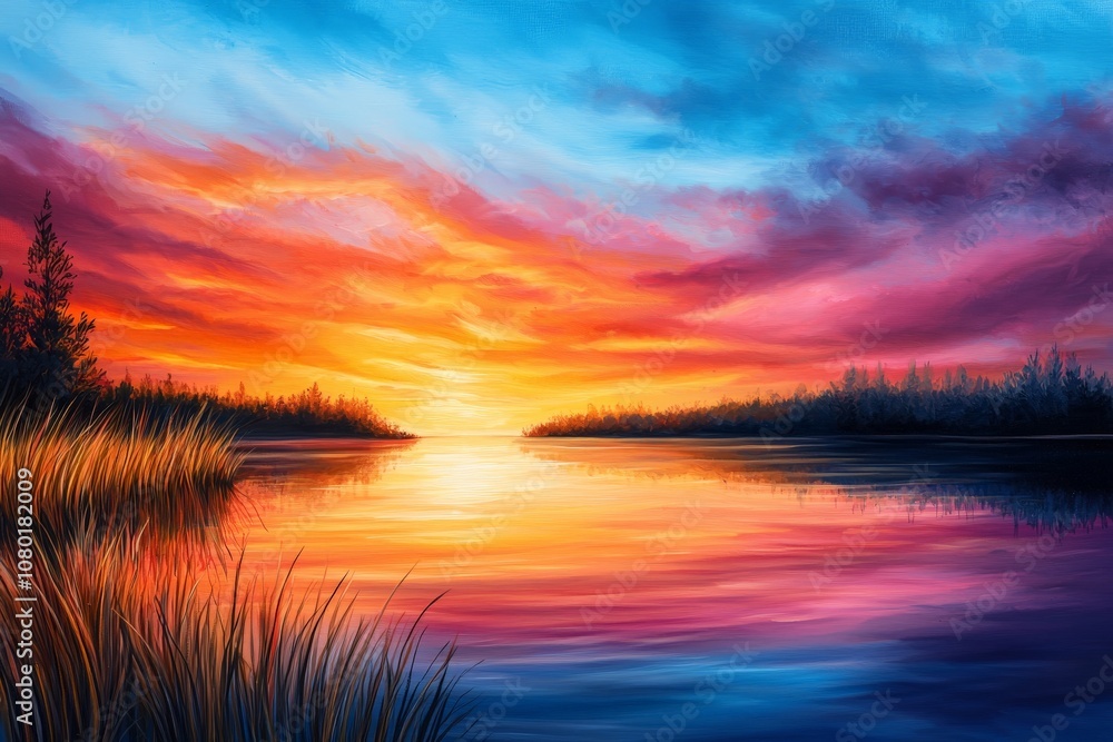 Serene Sunset Over a Tranquil Lake Surrounded by Tall Grasses and Vibrant Colors Reflecting on Calm Waters in a Natural Landscape Serene Sunset Over a Tranquil Lake Surrounded by Tall Grasses and Vibrant Colors Reflecting on Calm Waters in a Natural Landscape