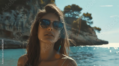 Vibrant Bikini Beauty in Sunglasses, Embracing the Seaside Vibe