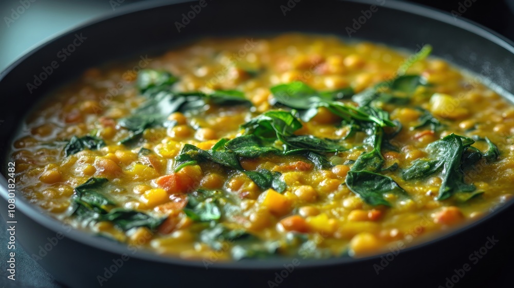 A vibrant dish of lentil stew with spinach and vegetables in a deep pan. A vibrant dish of lentil stew with spinach and vegetables in a deep pan.