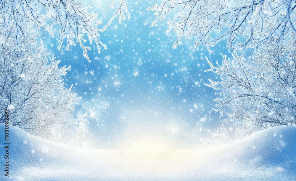 serene winter landscape with snow covered trees and falling snowflakes, creating peaceful and magical atmosphere serene winter landscape with snow covered trees and falling snowflakes, creating peaceful and magical atmosphere
