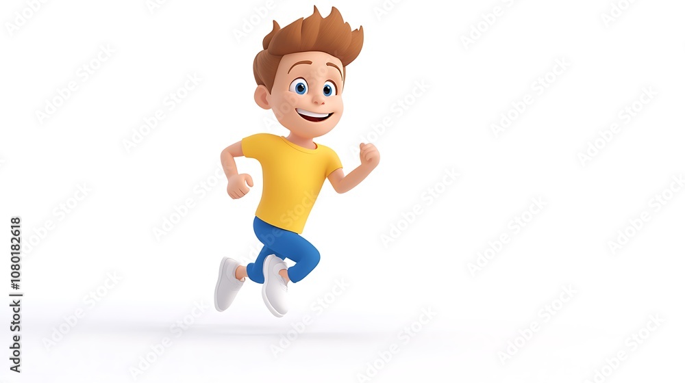 A cartoon boy in a yellow shirt running on empty white background. A cartoon boy in a yellow shirt running on empty white background.