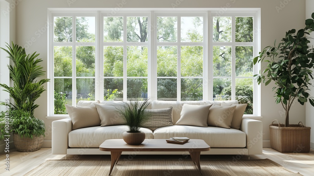 Bright living room with large windows showcasing greenery in a modern home during the day. Generative AI Bright living room with large windows showcasing greenery in a modern home during the day. Generative AI