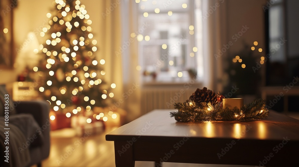Festive living room backdrop with empty wooden table in foreground, Christmas tree and twinkling lights Festive living room backdrop with empty wooden table in foreground, Christmas tree and twinkling lights