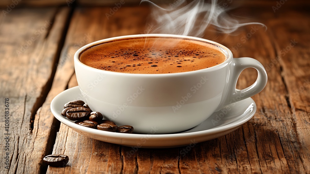 Steaming cup of coffee on a rustic wooden table with coffee beans. Steaming cup of coffee on a rustic wooden table with coffee beans.