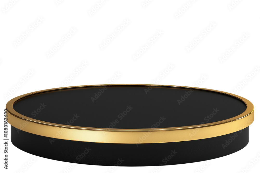 Elegant black display stand with a gold trim, perfect for showcasing products or jewelry against a white isolated background. Elegant black display stand with a gold trim, perfect for showcasing products or jewelry against a white isolated background.