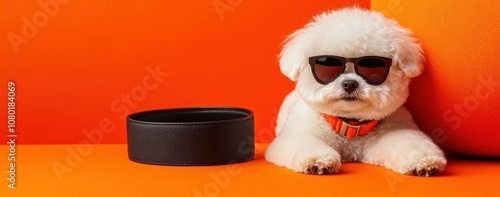 A stylish dog wearing sunglasses relaxes against an orange backdrop with a collar nearby. photo